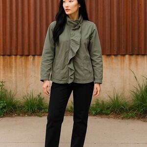 MAX Jeans Women's Olive Green Ruffle Front Utility Jacket Midweight L-Normcore